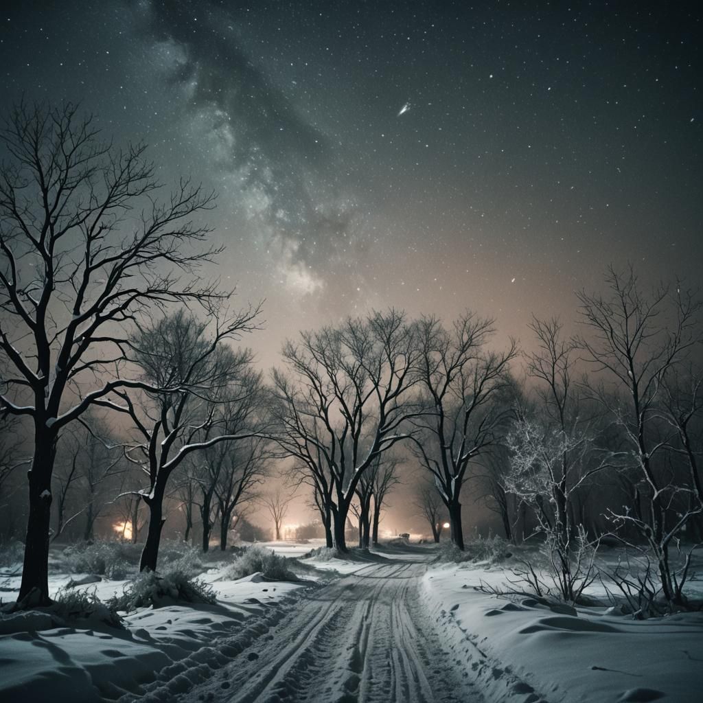 Dramatic Starry Snowscape in Cinematic Film Style