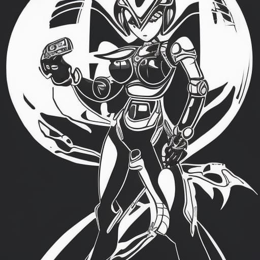 MegaMan Goddess in Dark Futuristic Ink Painting