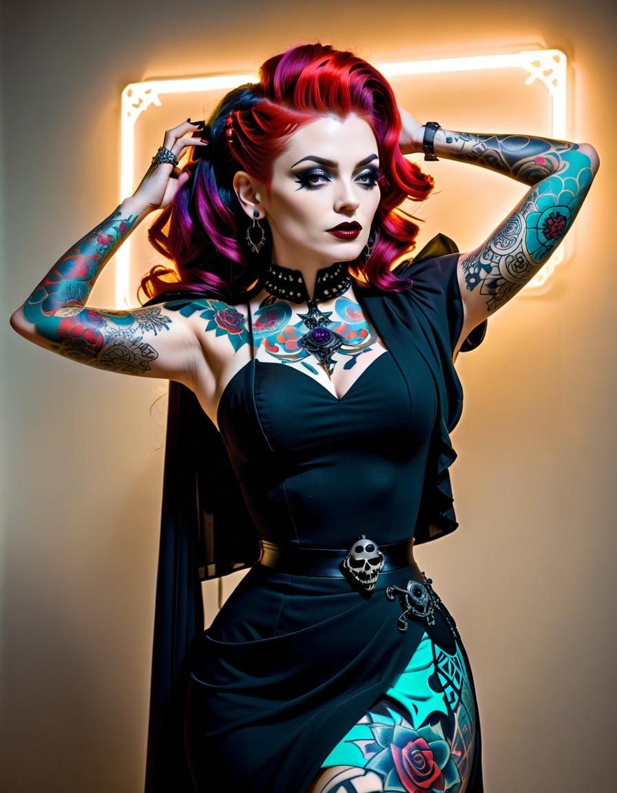 Gothic Woman with Intricate Back Tattoo