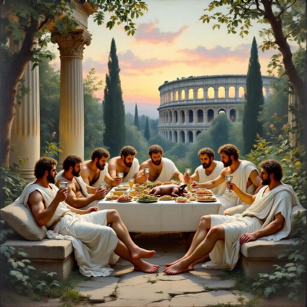 Roman Banquet in Lush Garden, Romanticism Style