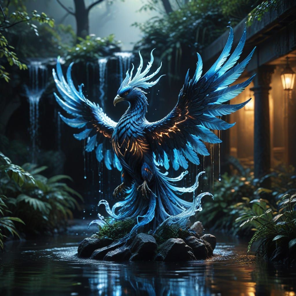 Ethereal Phoenix Rises from Glowing Waters in a Mystical Set...
