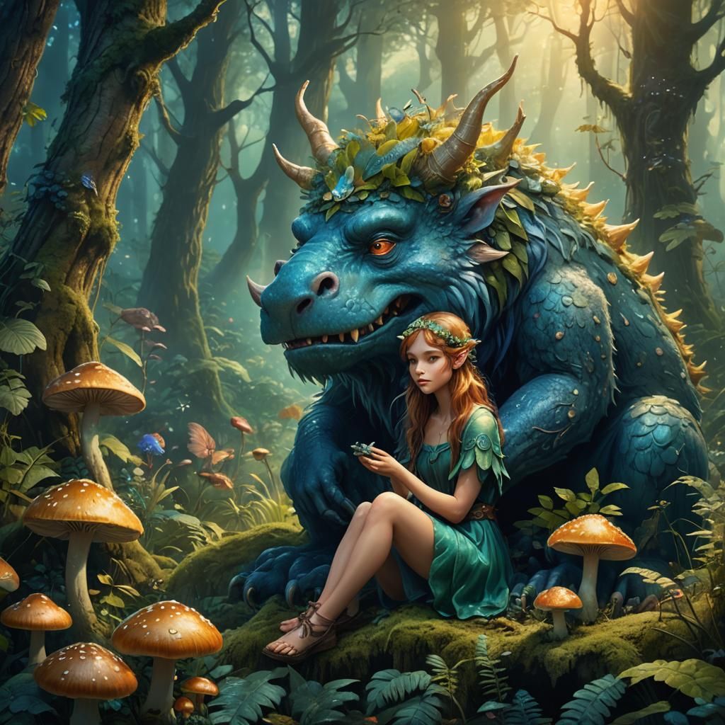 Fantasy Fairy Cuddles a Gentle Giant in a Dreamy Forest