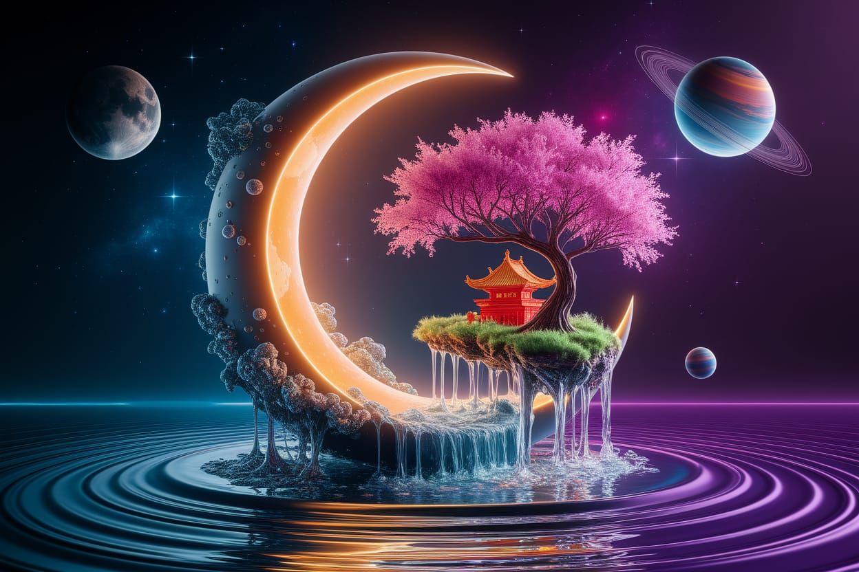 Surreal Cosmic Scene: Water Moon with Chinese Village Landsc...