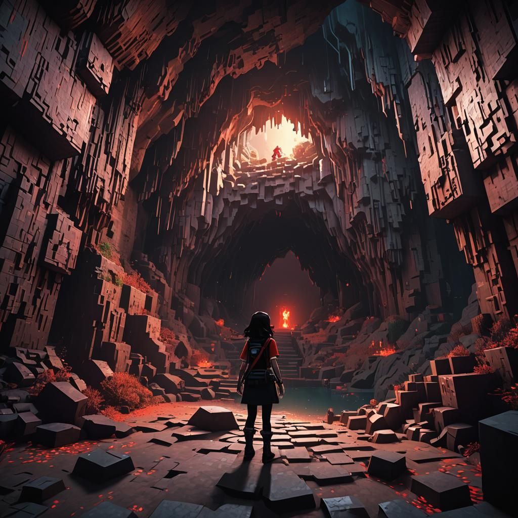 Ultra-Realistic Minecraft Scene: Girl in Dark Cave