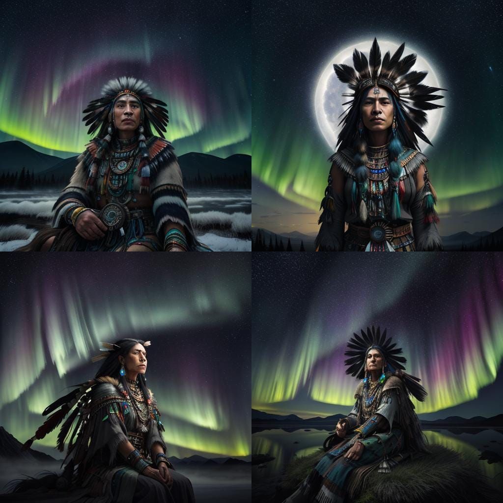 Native American Shaman on Moon Under Aurora