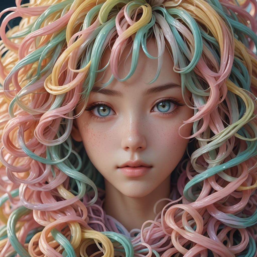 Hyper-Realistic 3D Anime Woman with Noodle Hair
