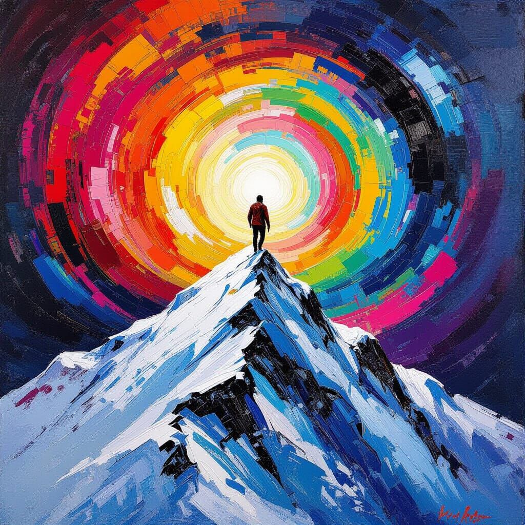 Abstract Face Ascends Snowy Mountain: Impasto Painting