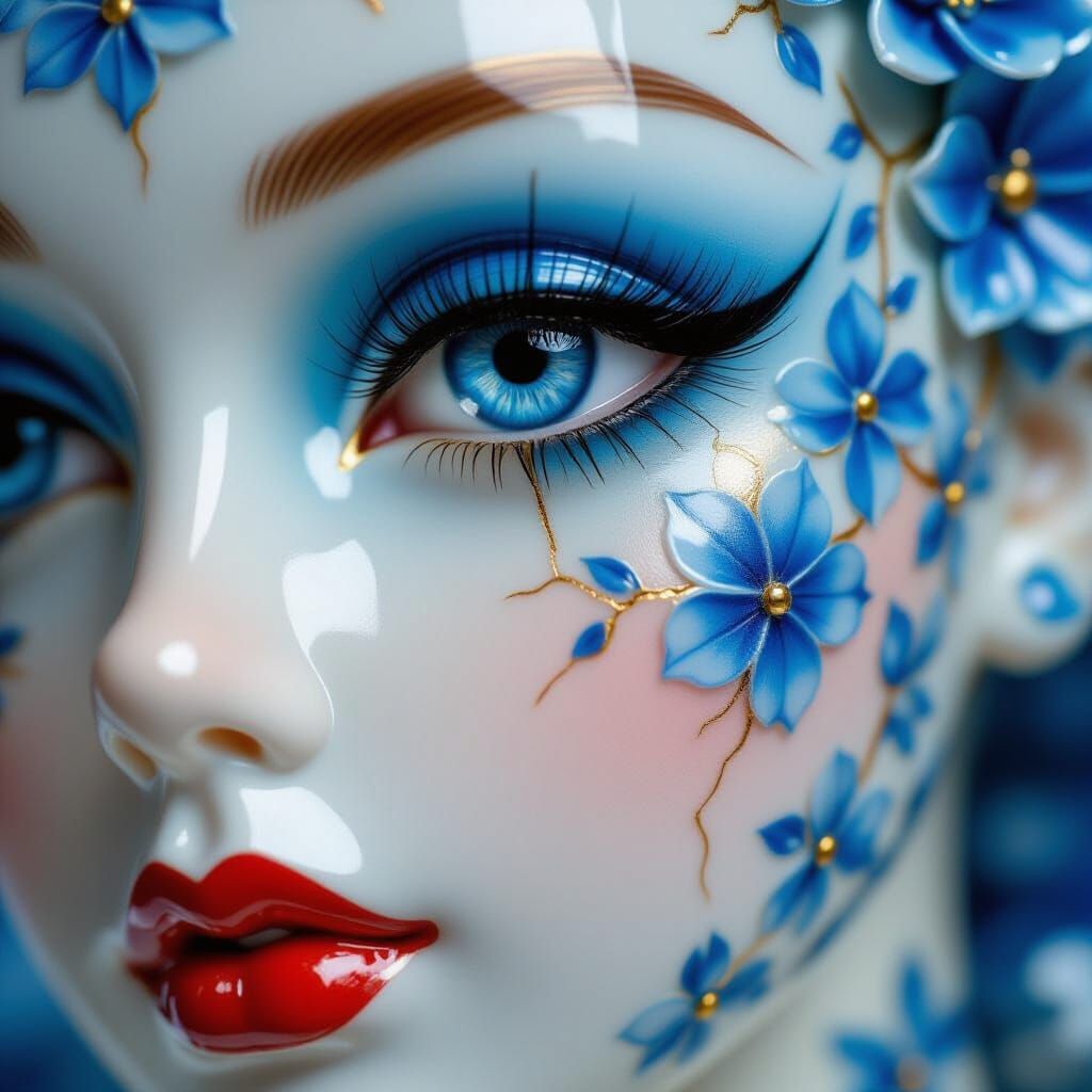 Hyperrealistic Porcelain Doll Face with Kintsugi Details