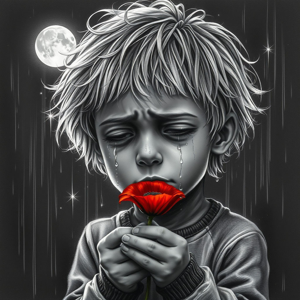 Distraught Boy with Poppy: Charcoal Drawing in Black and Whi...