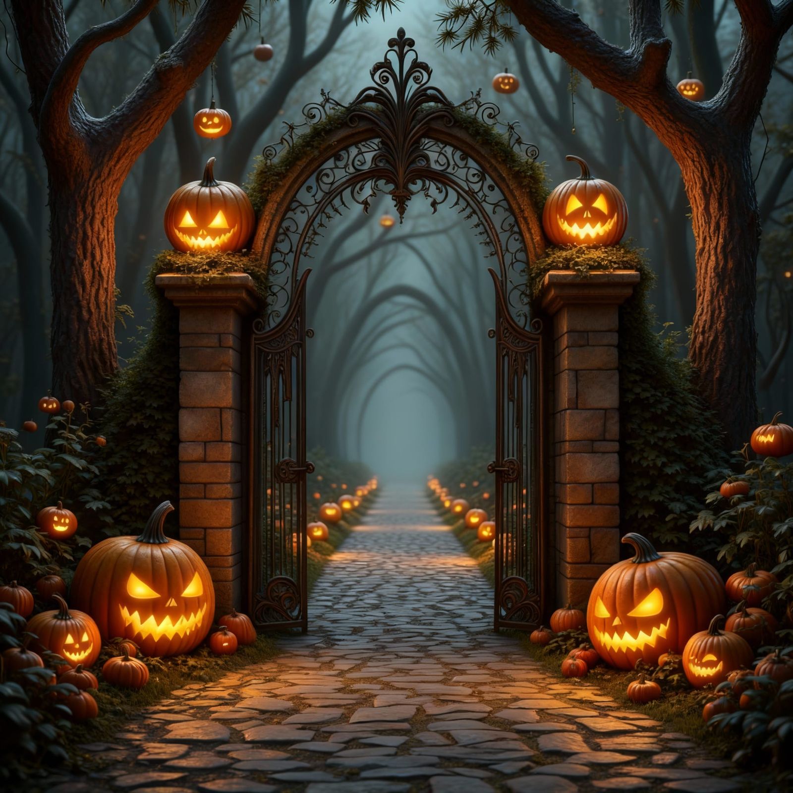 Mysterious Gateway to a Pumpkin-Lined Drive