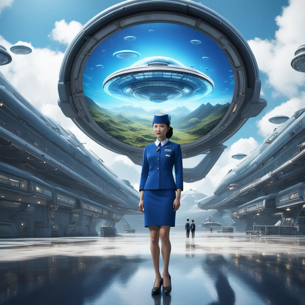 Japanese Air Hostess and UFO in Hyperreal Photo Style