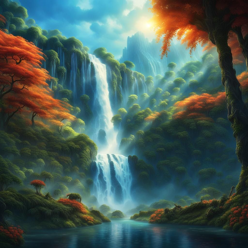 Mystical Waterfall in Lush Fantasy Landscape