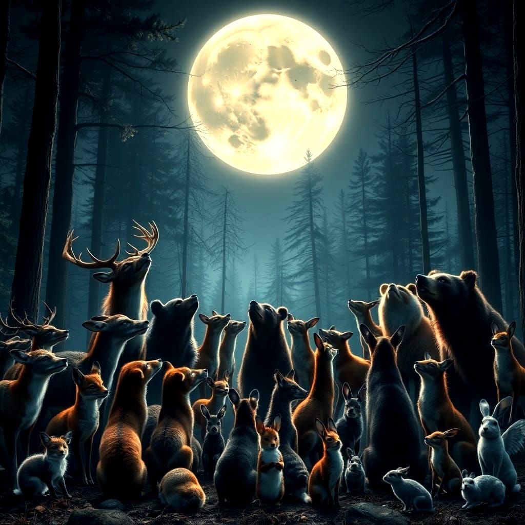 Forest Animals Praying to Full Moon in Clearing