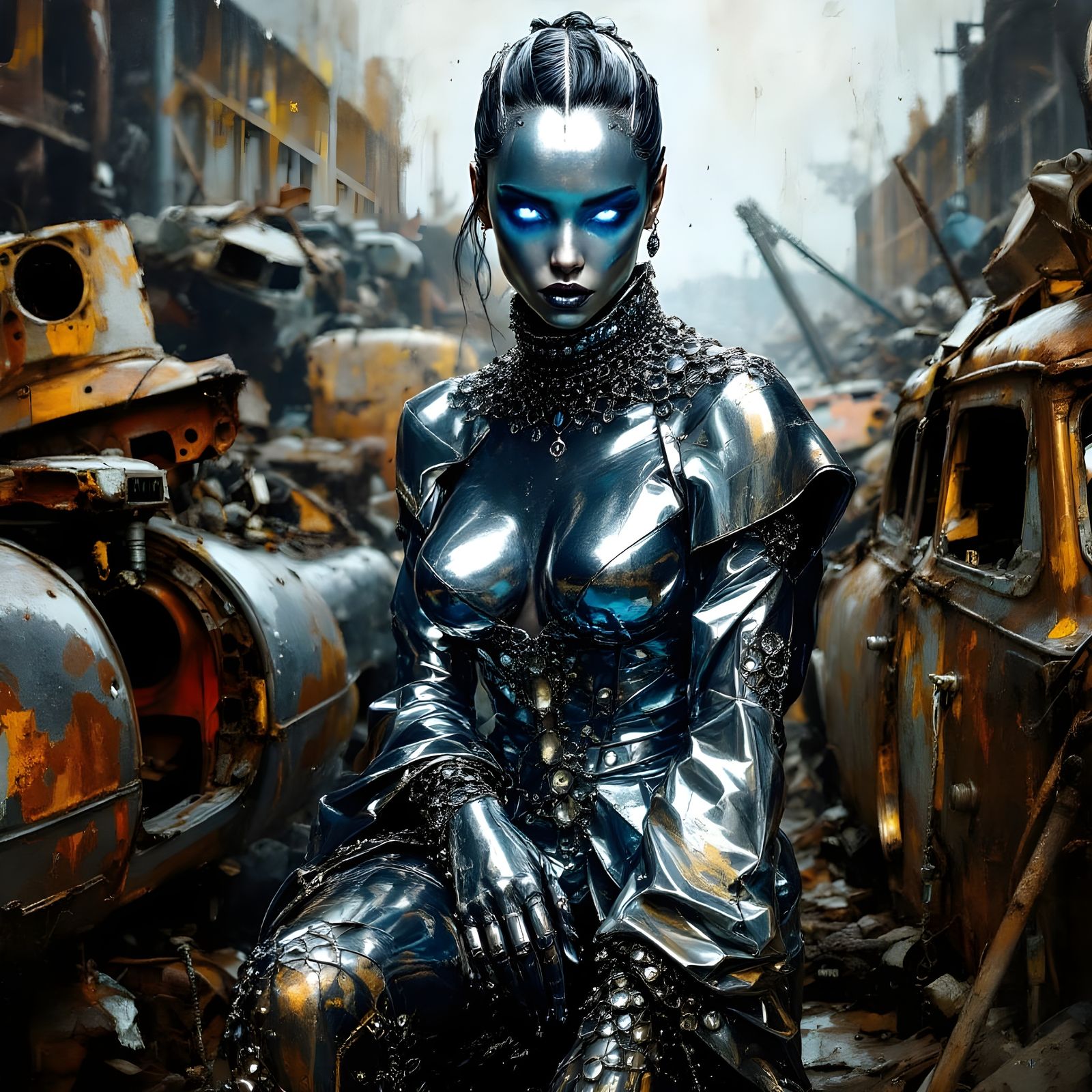 Woman of Polished Metal in Junkyard Setting