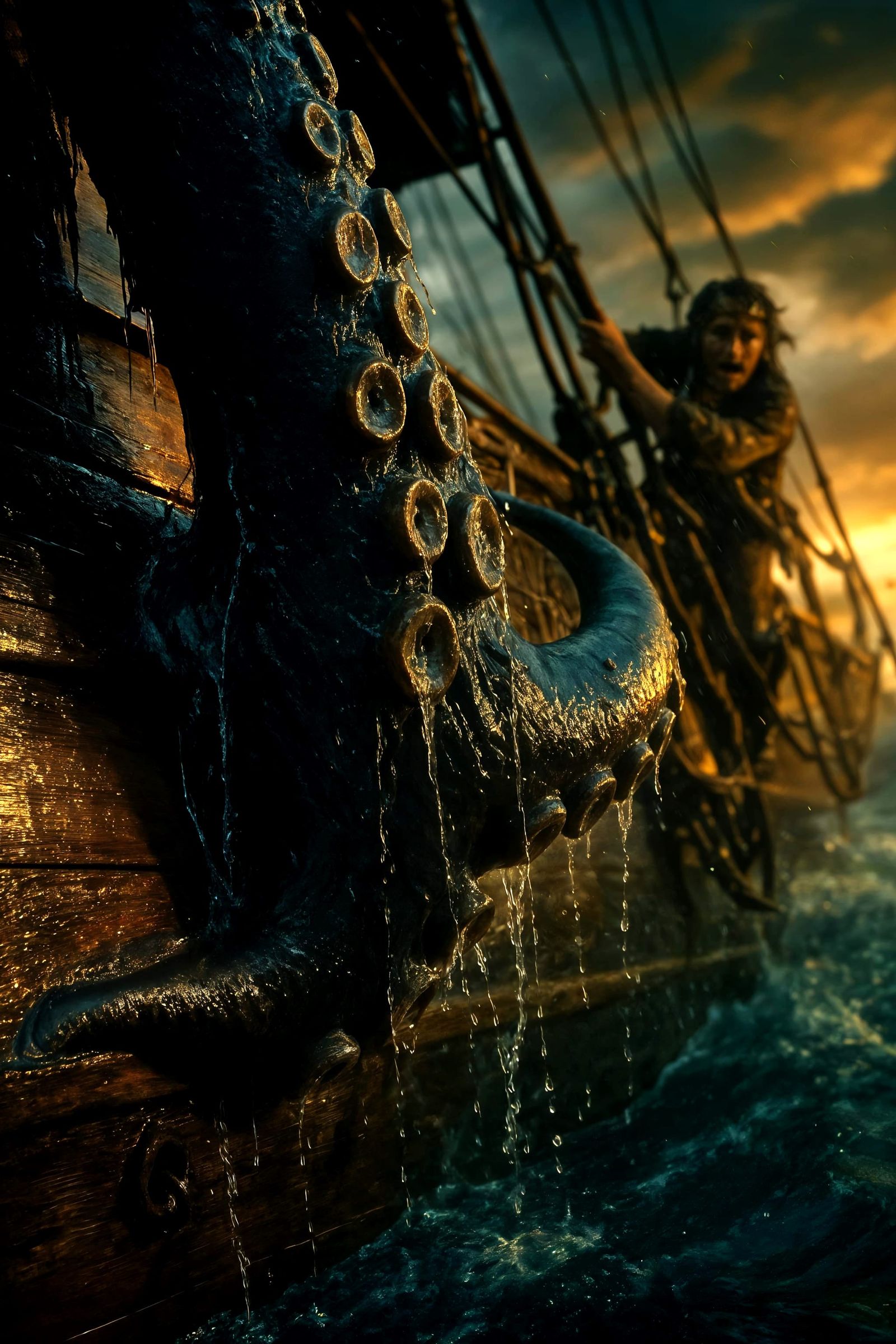 Kraken Tentacle Grips Pirate Ship: Cinematic Close-Up