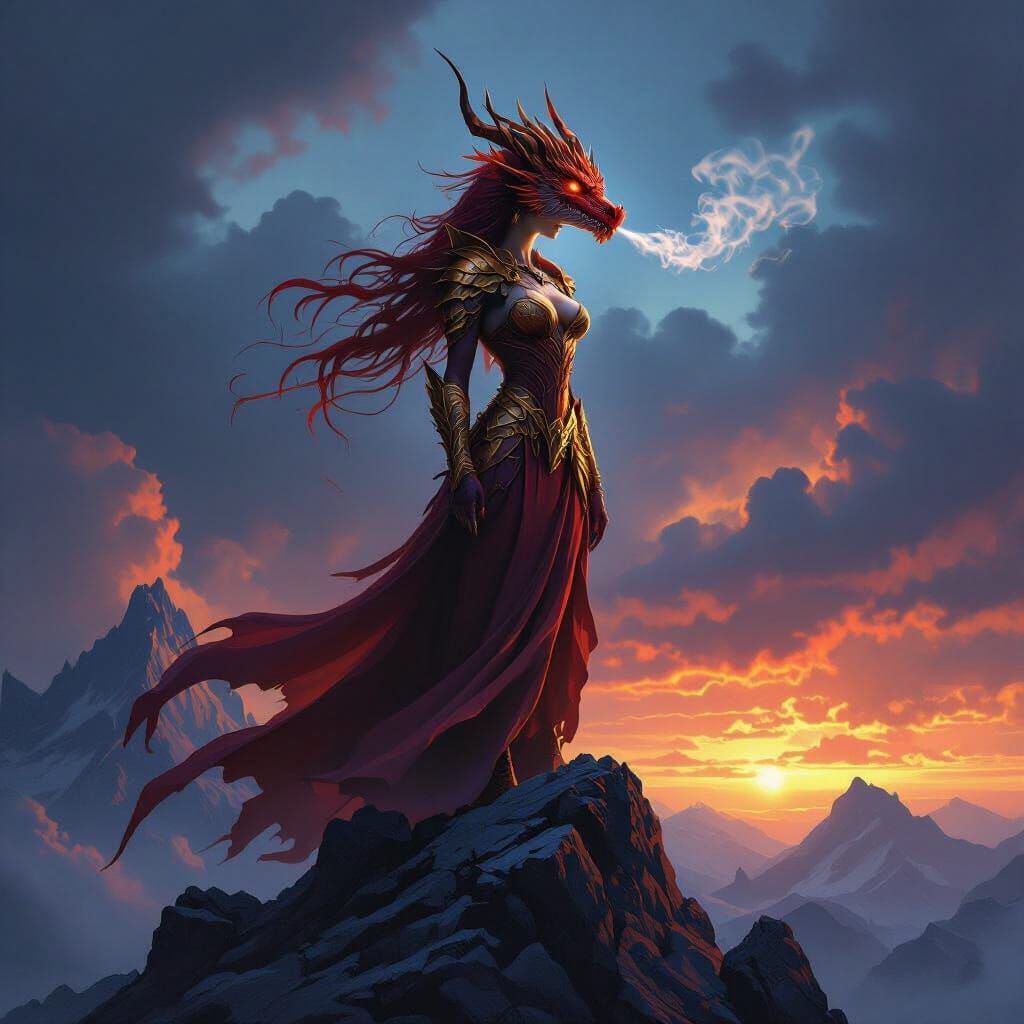 Crimson Gold Dragon Woman Amelia on Mountain Peak