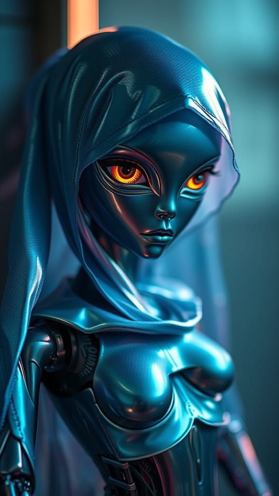 Iridescent Cyberpunk Alien Doll in Dark Sci-Fi Style