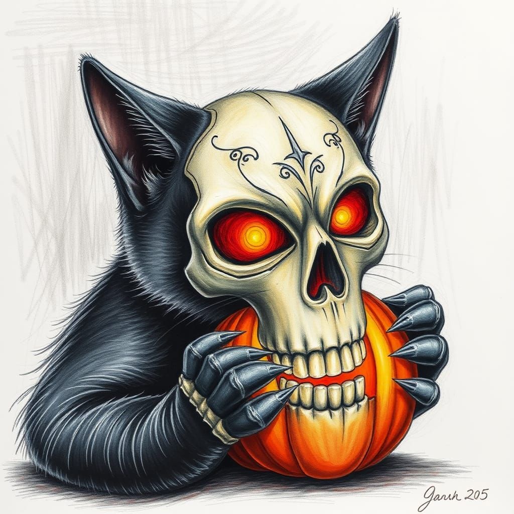 Black Cat Carving Jack O'Lantern in Colored Pencil