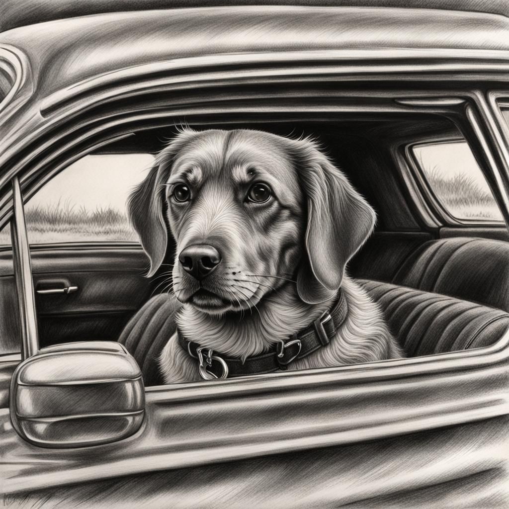 Hyperdetailed Charcoal Drawing of Dog in Car