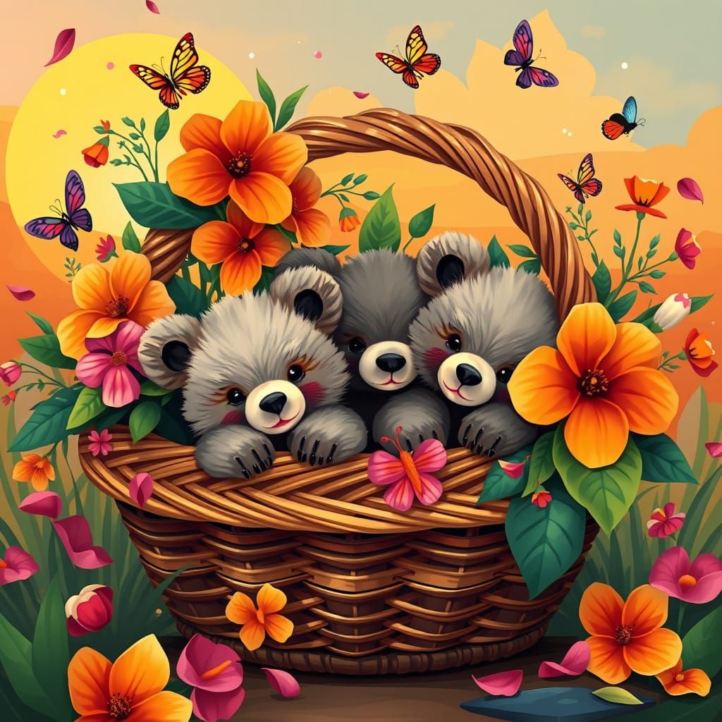 Cubist Bears in Vibrant Wicker Basket