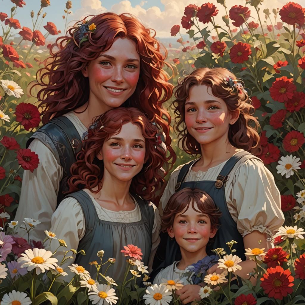 Happy Mother and Children Portrait in Hyperdetailed Style