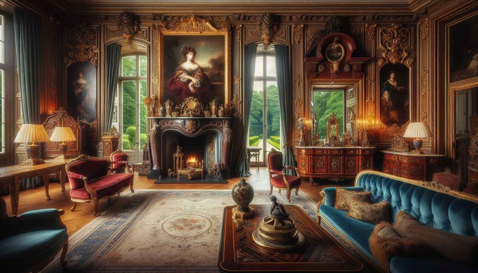 Lavish Room with Grand Fireplace and Lush Garden