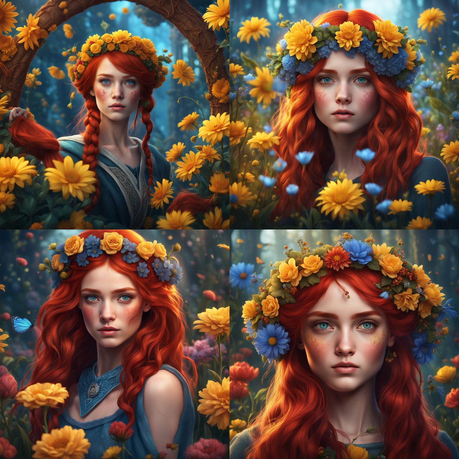 Red-Haired Girl with Flower Crown, Fantasy Art