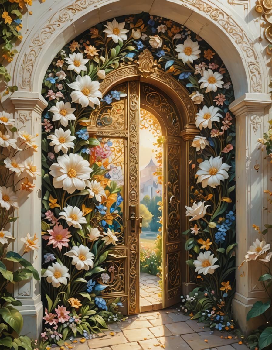 Mystical Door with Flowers in Surreal Oil Painting