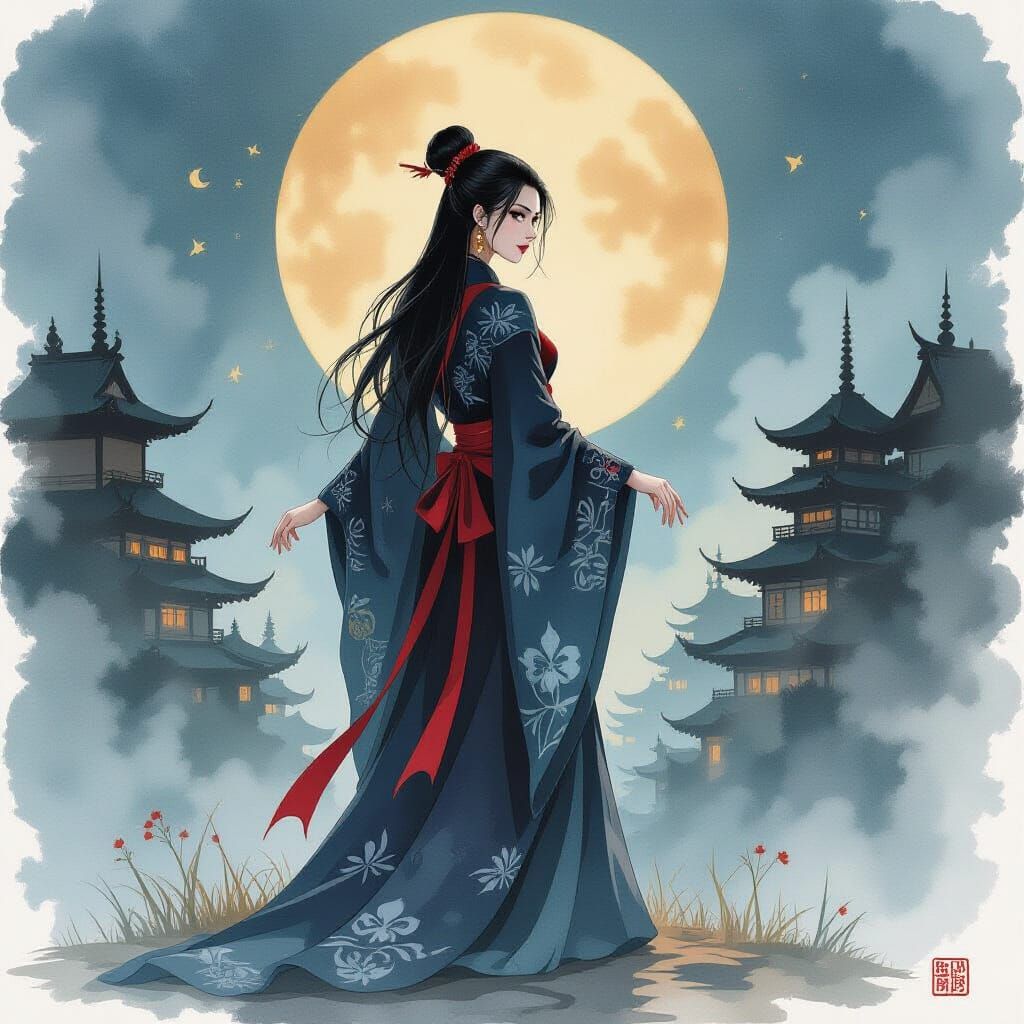 Vampiric Goddess in Ghibli-Inspired Watercolor Style