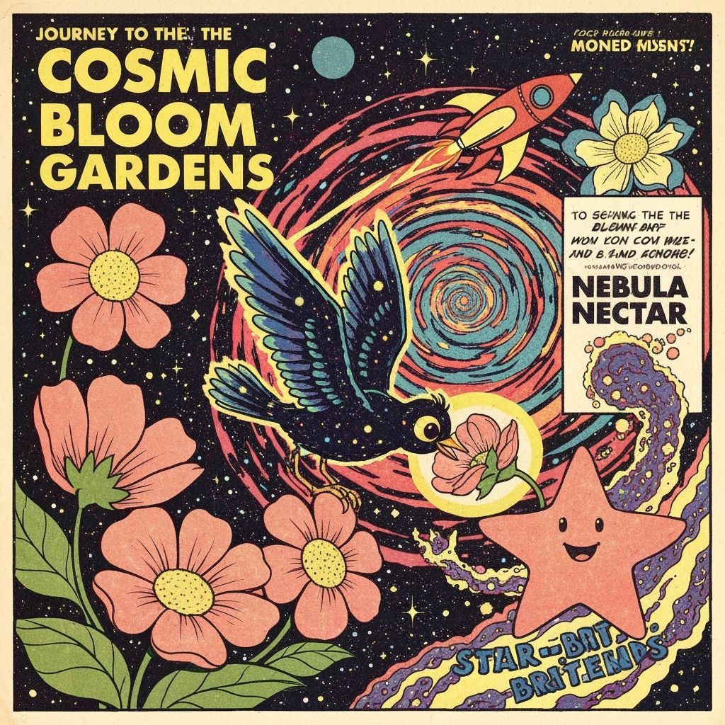 Retro Cosmic Bloom Gardens Travel Poster