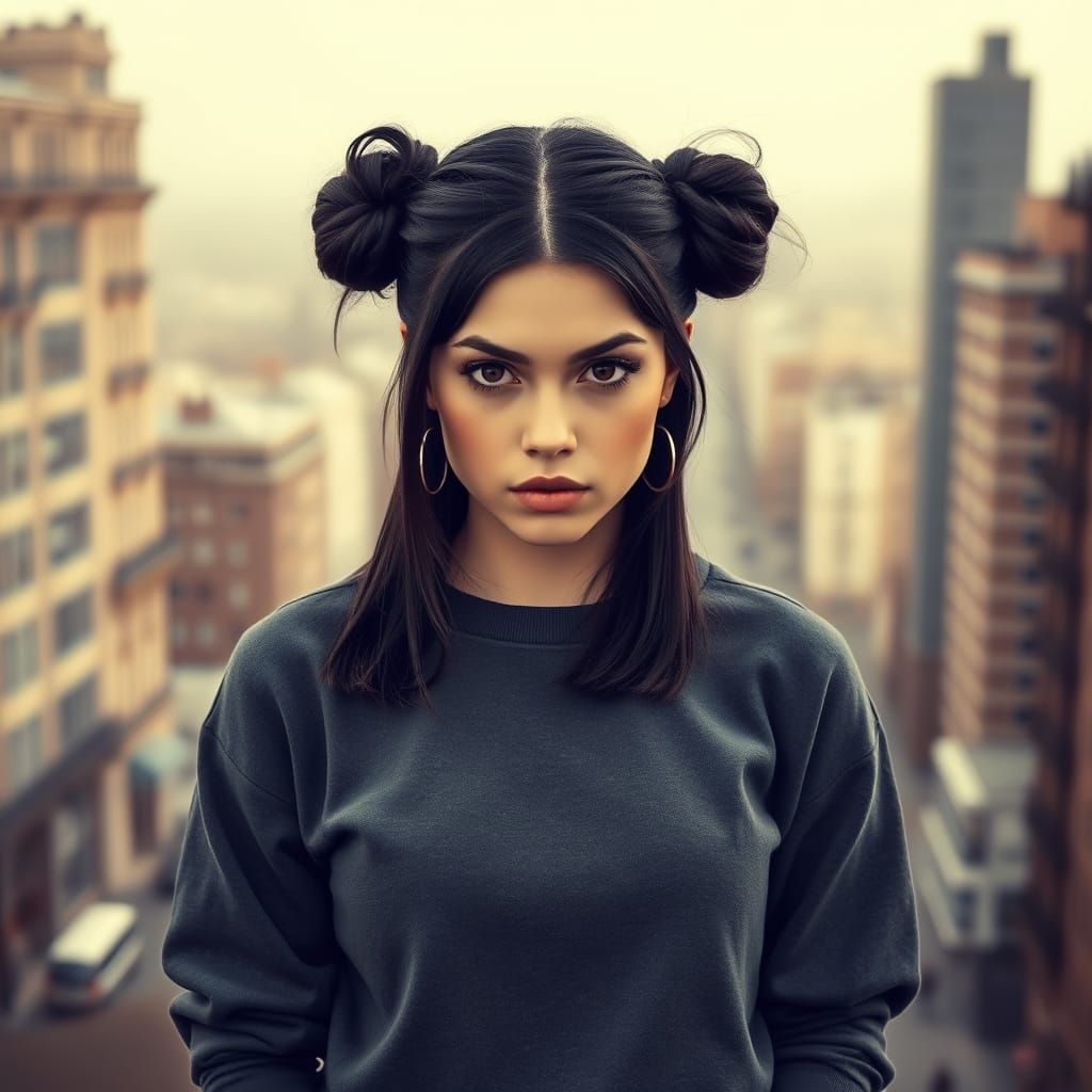 Serious Brunette Bombshell in Vintage Cityscape Portrait