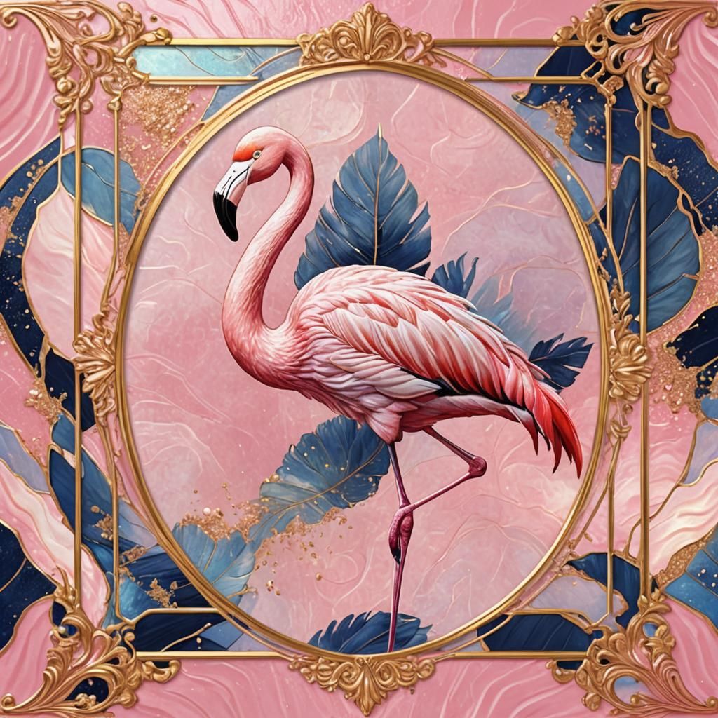 Shimmering Flamingo with Golden Accents and Tiled Frame
