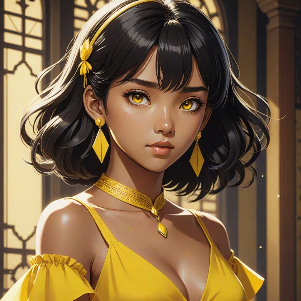 Manga-Inspired Lady in Yellow Dress with Cinematic Lighting