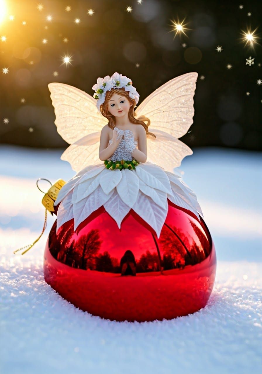Winter Fairy Sits Serenely on Red Glass Bauble, Surrounded b...