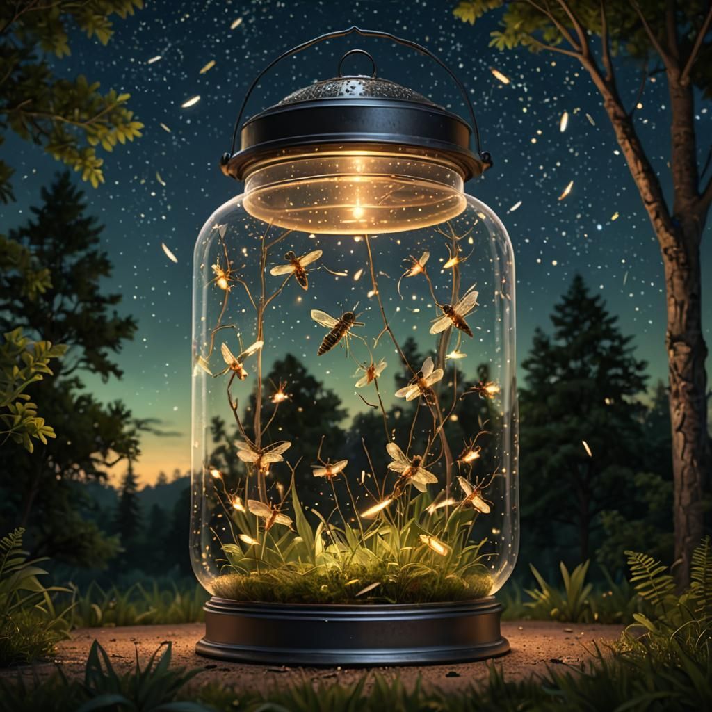 Fireflies Illuminate Glass Lantern Under Starry Sky