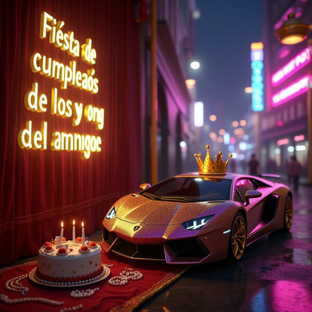 Luxurious Birthday Scene with Golden Crown and Sports Car