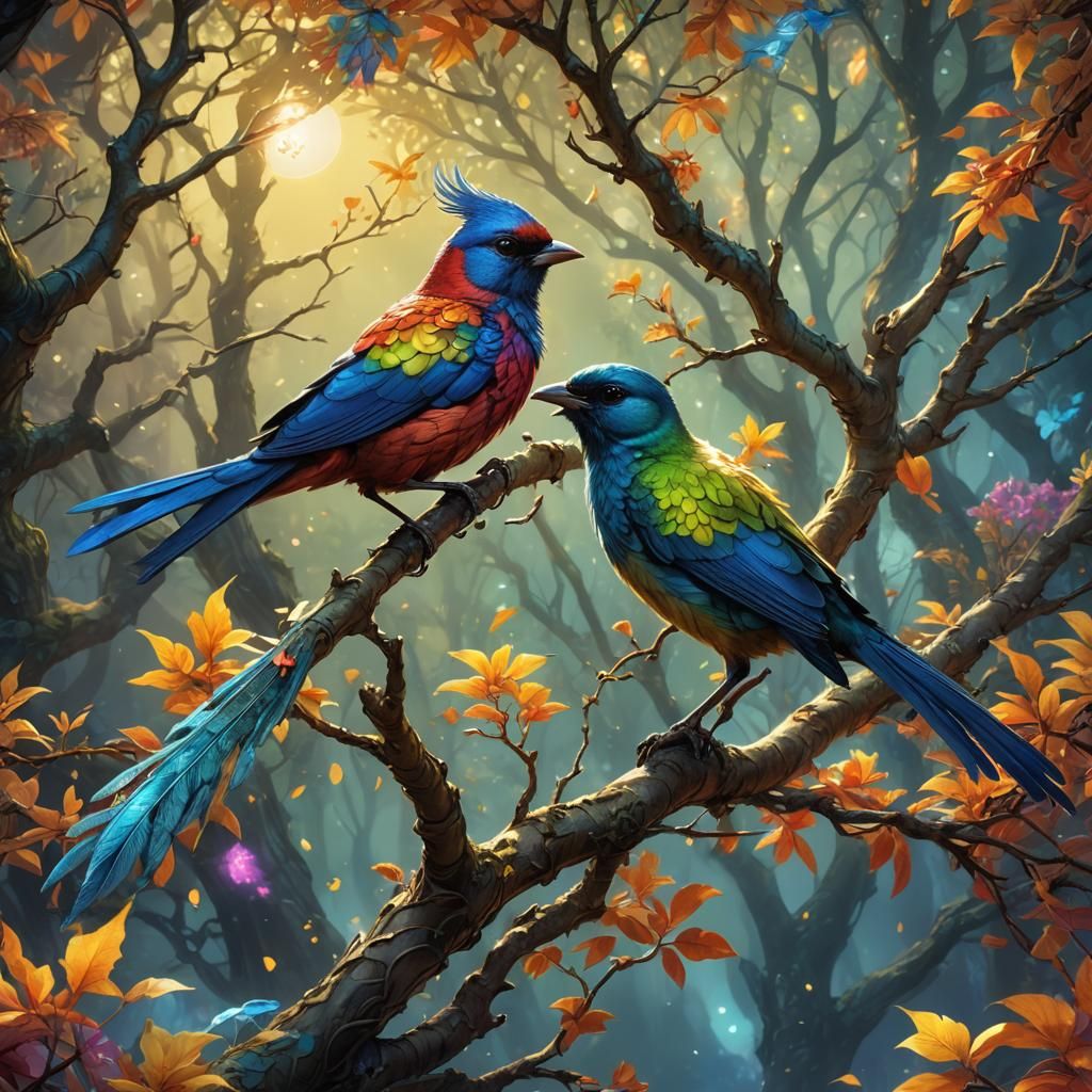 Bird on Summer Tree: Hyper-Detailed Fantasy Art