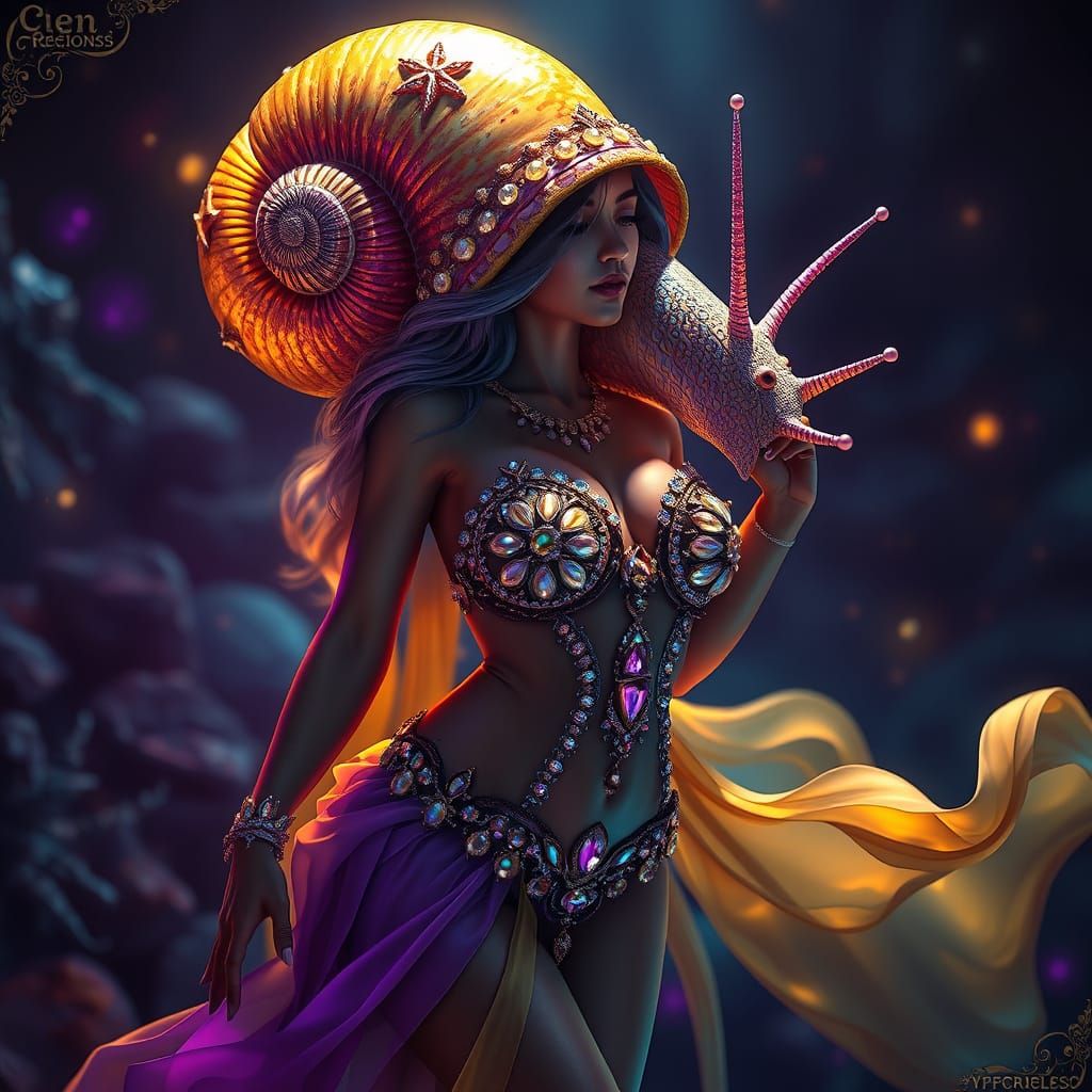 Snail Woman in Jeweled Bikini, Hyperdetailed Mystical Art