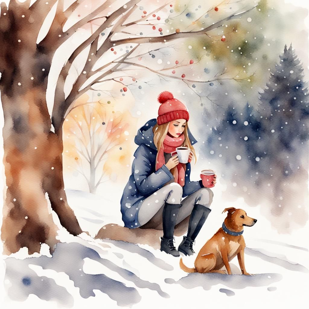 Watercolor Girl with Coffee in Snowy Landscape