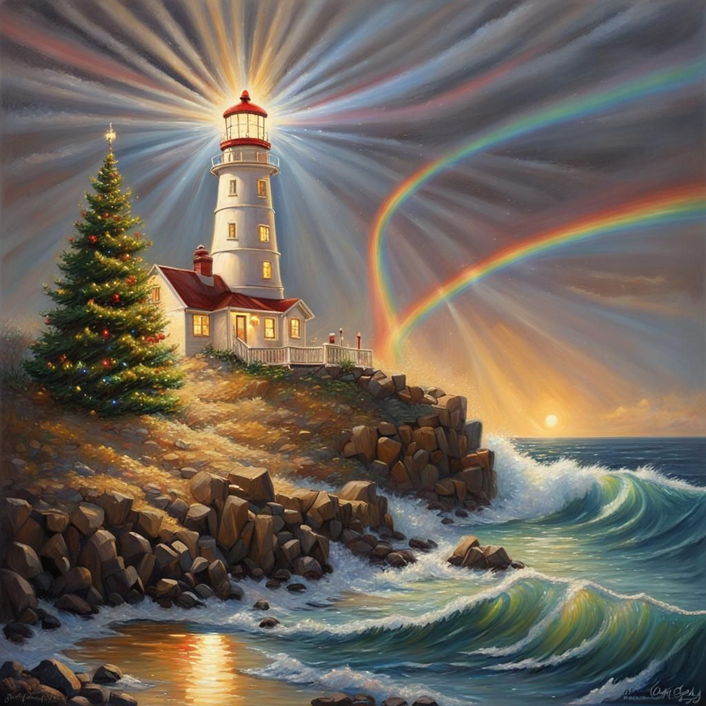 Christmas Lighthouse in Oil Painting Style