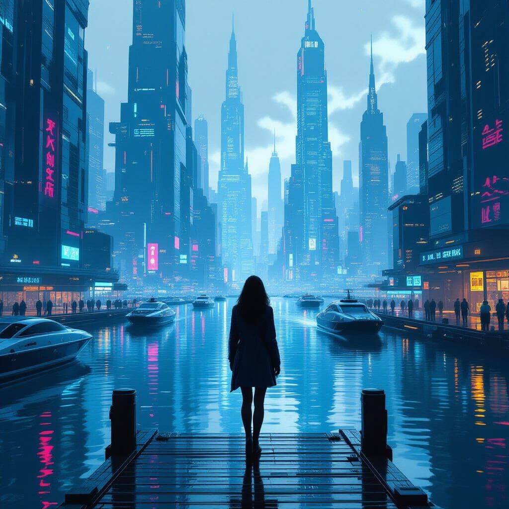 Futuristic Cityscape with Woman in Cyberpunk Style