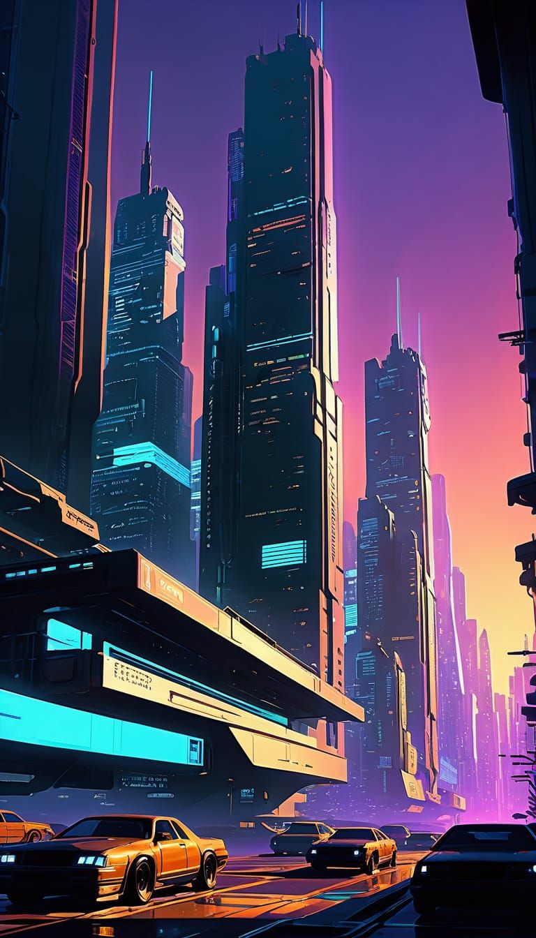 Cyberpunk Cityscape Reflects Vibrant Sunset in Neon Noir Sty...