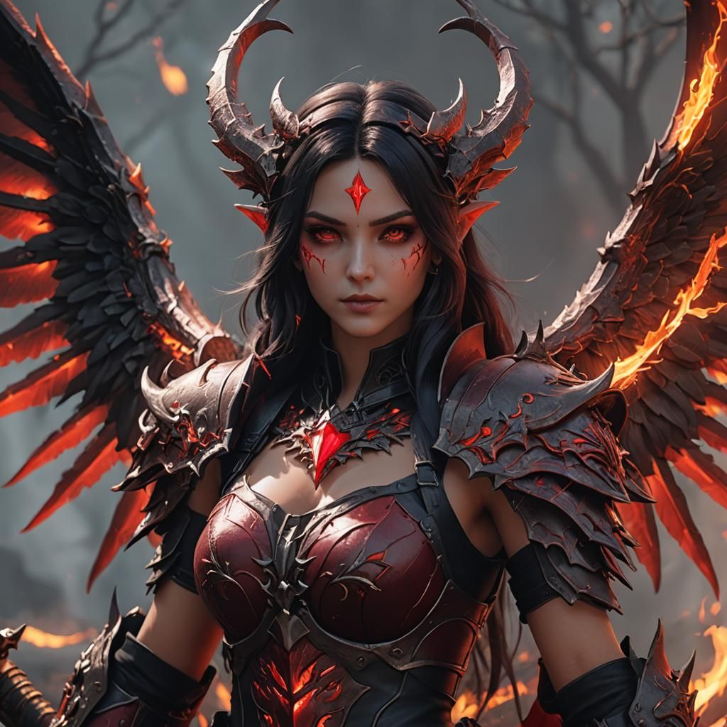 Fantasy Girl with Fire Wings in Diablo Style