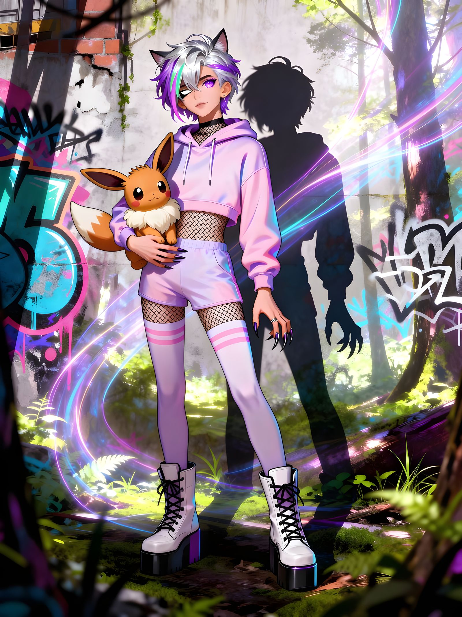 Androgynous Figure with Shifting Eyes and Plush Companion