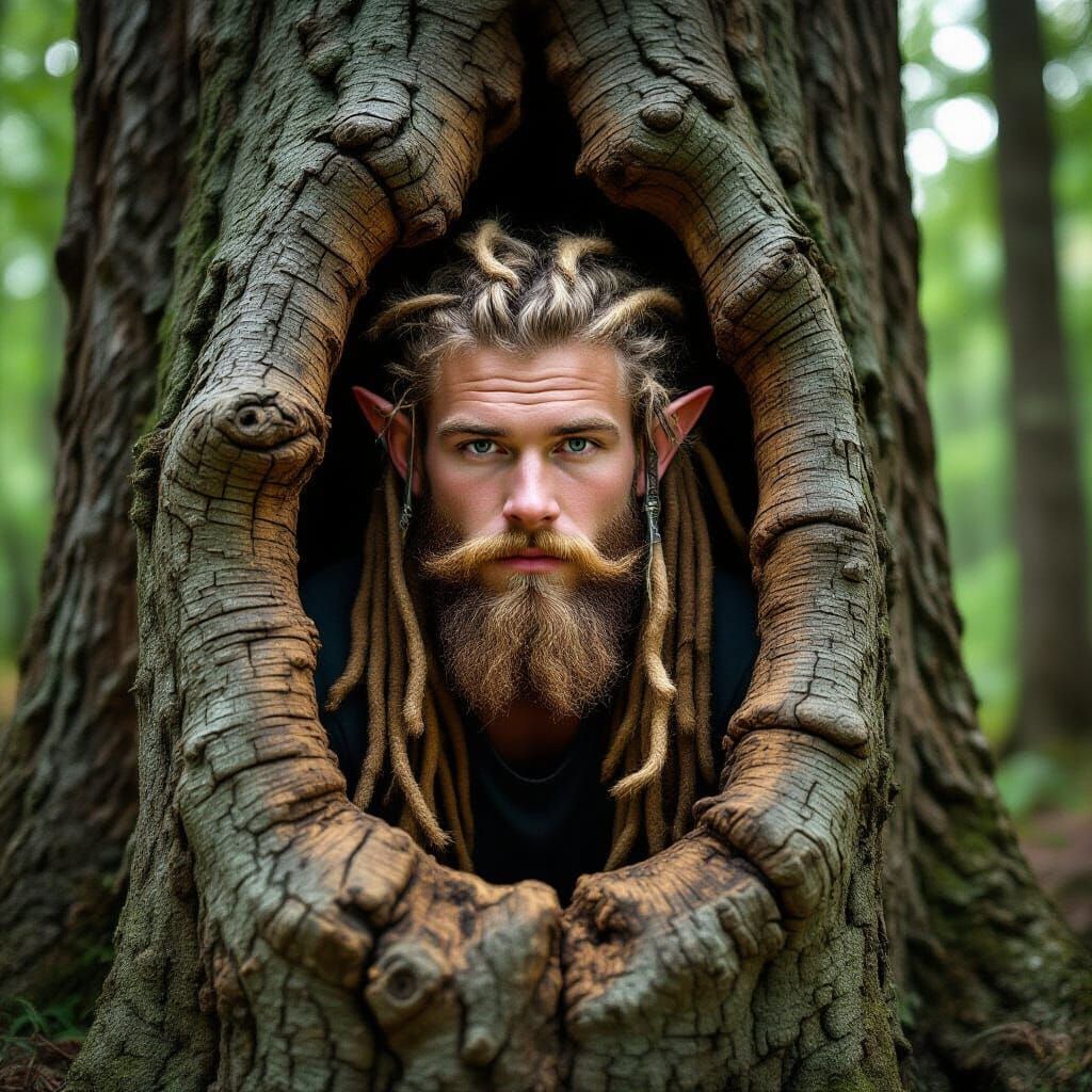 Elf-Eared Man Emerges from Tree Trunk