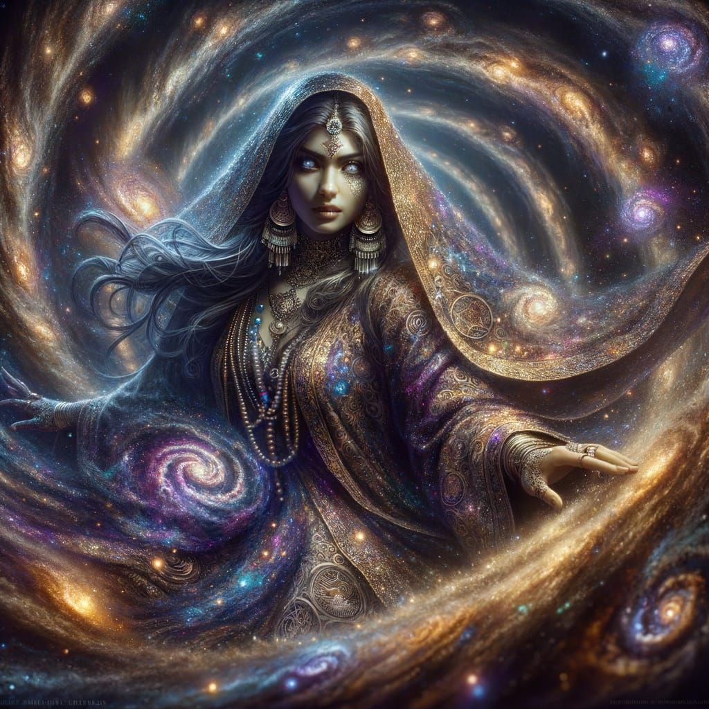 Cosmic Sorceress Manipulating Space-Time in Oil Painting