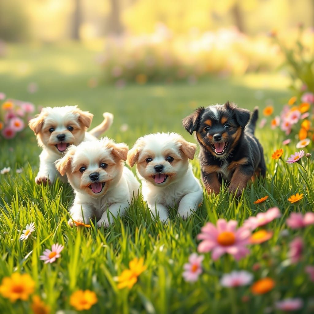 Puppies Playing in Park, Children's Illustration Style