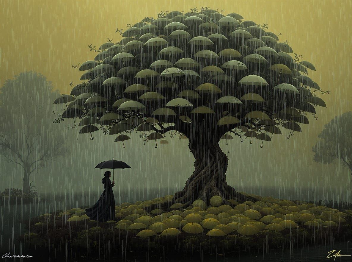 Surreal Umbrella Tree Artwork in Dark Gothic Style