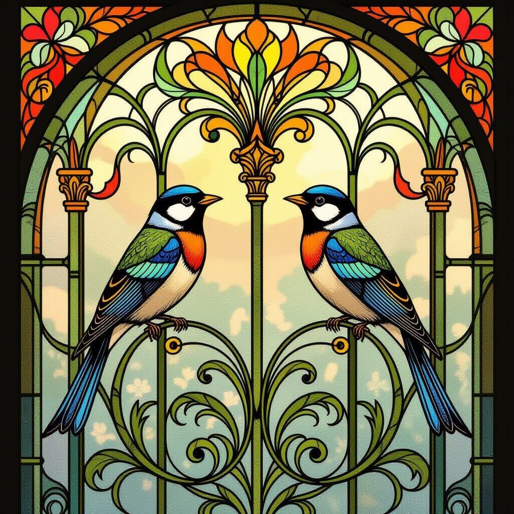 Art Nouveau Birds on Ornate Window Frame