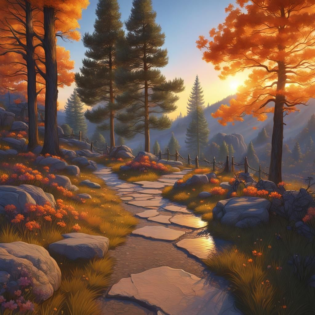 Sunrise Path Through Iris Garden, Matte Painting